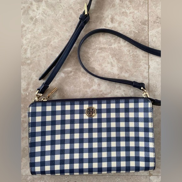 Tory Burch Navy Robinson Checkered Crossbody Bag- Like New - Picture 6 of 9